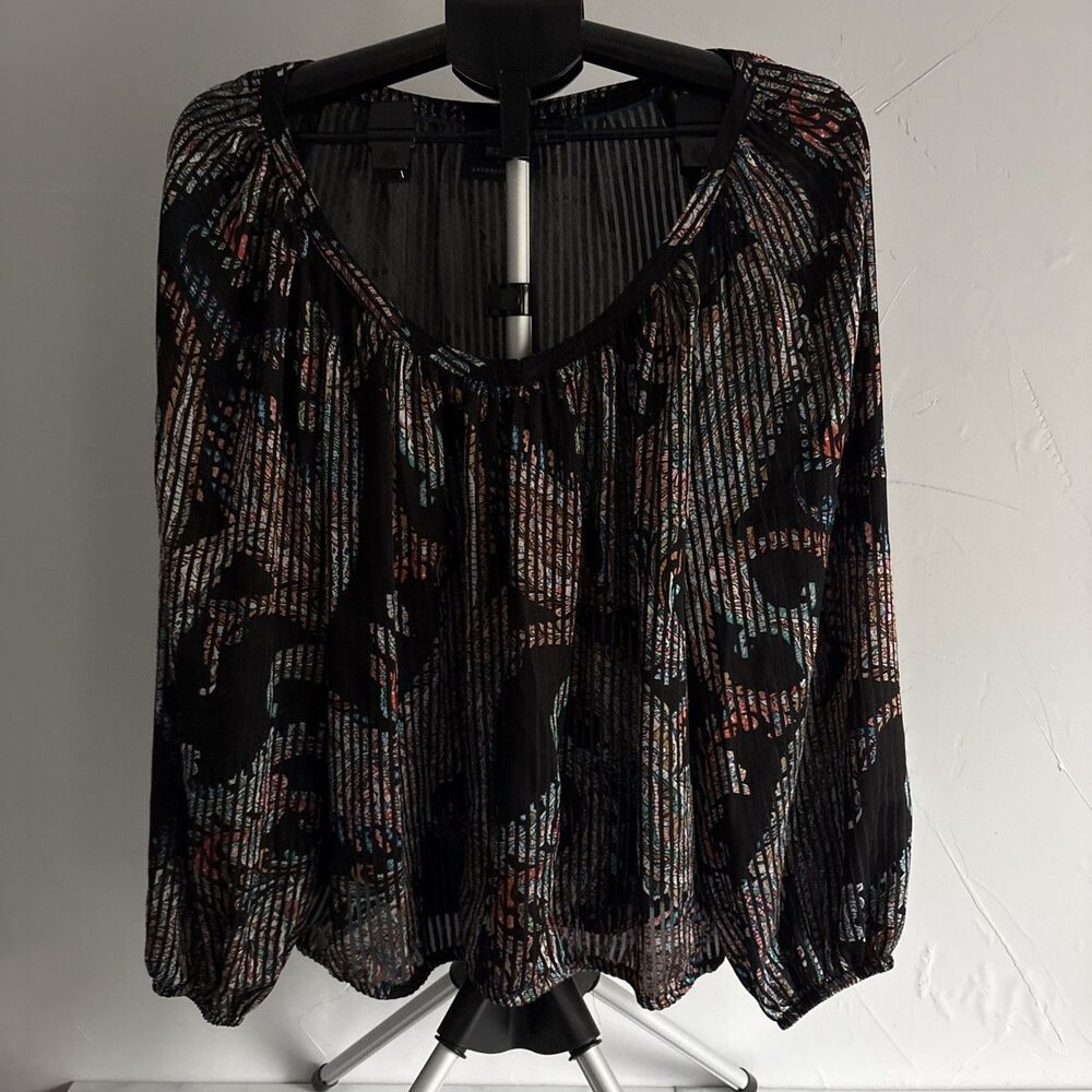 Maeve by Anthropologie Sheer Printed Peasant Blouse Black Women Large